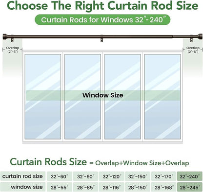 Curtain Rods for Windows 32 to 240, 1 Inch Adjustable Heavy Duty Long Window Outdoor Curtain Rod for Patio, Drapery Rods with Simple End Caps, Size 32"-240", Antique Bronze