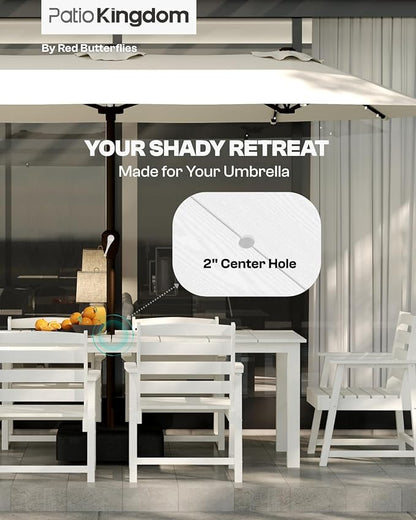 7-Piece White Outdoor Dining Set with Beige 11FT Large Patio Umbrella, 75.2'' HDPE Table & Chairs for 6, Weather-Resistant Furniture with Umbrella Hole for Patio, Lawn, Poolside