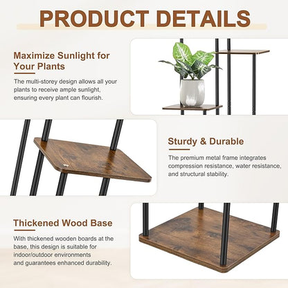 6 Tier Plant Stand Indoor Outdoor, Wood Metal Corner Shelf, Multiple Flower Pot Rack Holder Shelves, Planter Shelf Display Storage Organizer for Patio Living Room Balcony (Black)