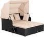 ORALNER Outdoor Daybed, 2-Person Wicker Patio Sofa with Retractable Canopy, Cushions & Pillows, 2 Side Trays, PE Rattan Double Sunbed Lounger for Deck Poolside Backyard Garden Balcony (Khaki)