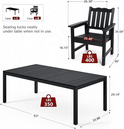 Stoog 7 Pieces Patio Dining Sets, All-Weather HIPS Material & Aluminum Frame Dining Table with 2" Umbrella Hole, Outdoor Dining Table Set for 6, Never Rot or Fade, Black