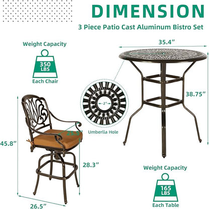VIVIJASON 5-Piece Patio Swivel Bar Stools Set, All Weather Cast Aluminum Outdoor Bar Height Bistro Set with 4 Cushioned Bar Chairs & 35.4" High Bar Table w/Umbrella Hole for Backyard, Lawn, Garden