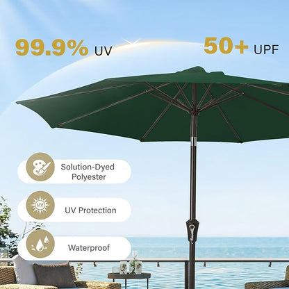 MEWAY 9ft Patio Umbrella Outdoor Table Umbrellas with Push Button Tilt and Crank, Market Umbrella 8 Sturdy Ribs for Deck, Garden, Pool and Backyard, Dark Green
