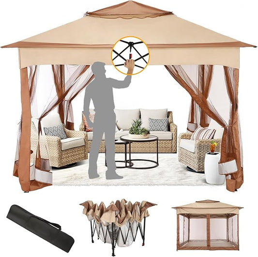 COBIZI 11x11 Pop Up Gazebo Canopy Tent Easy Up Outdoor Gazebo Waterproof Upgrade Portable Gazebo with Mosquito Nettings, Double Vented Roof and Carry Bag for Patio Garden Lawn(Khaki)