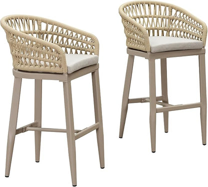 PURPLE LEAF Outdoor Rattan 29" Bar Stools Set of 2, Modern Boho Aluminum Patio Bar Height Chair with Cushion and Back for Outdoor and Indoor, Champagne