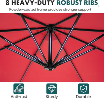 OLIXIS Offset Patio Umbrella, 9.7FT Cantilever Table Umbrellas for Outdoor Sun Shade UV Protection with Easy Tilt Adjustment, 8 Ribs for Backyard, Lawn, Garden, Pool - Red