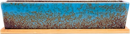 ARTKETTY Succulent Pots - Large Succulent Planter Pots with Drainage, 12 Inch Long Rectangle Bonsai Pot with Bamboo Tray Shallow Ceramic Cactus Flower Planter Window Box for Home Garden Decor (Blue)