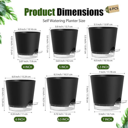 Plant Pots 4/5/5.5/6/6.5/7 Inch Self Watering Pots, 6 Pack Plastic Planters with Drainage Holes and Clear Saucers,Plastic Flower Pots,Nursery Planting Pot for Indoor Out Door Plants(Black)