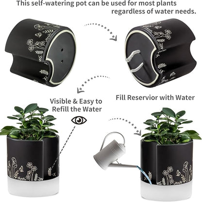 Nihow Self Watering Plant Pot: 8 Inch Ceramic Planter with Drainage Hole & Water Storage Plus for Indoor & Outdoor Plants - Cylinder Round Flower Pot for Succulent/Herbs/Violets - Black