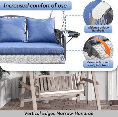 Wicker Porch Swing Heavy Duty 900 LBS 3-Seat Outdoor Patio Swing Chair with Cushions & 8.9ft Chains Outdoor Hanging Bench with Upgraded Cup Holders for Garden Deck Backyard