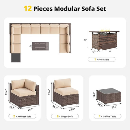 Aoxun Patio Furniture Set with Fire Pit Table, 12 Piece Outdoor Sectional Sofas, 10 Seats Wicker Outdoor Furniture with Thickened Cushion for Backyard, Garden (Brown Rattan Begin Cushions)