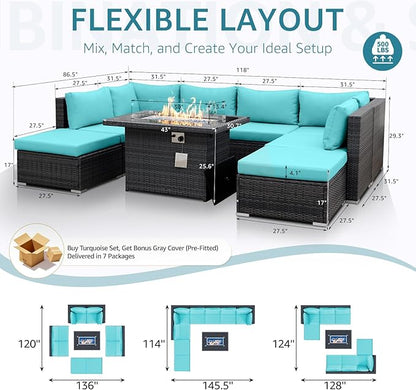 NICESOUL Big Size 9 Piece Patio Furniture Set with Fire Pit Natural Gas & Propane, 29.3'' High Back Comfy Outdoor Rattan Conversations, Wide Seats Couches for Outside, 2 Color Cushions Teal & Gray