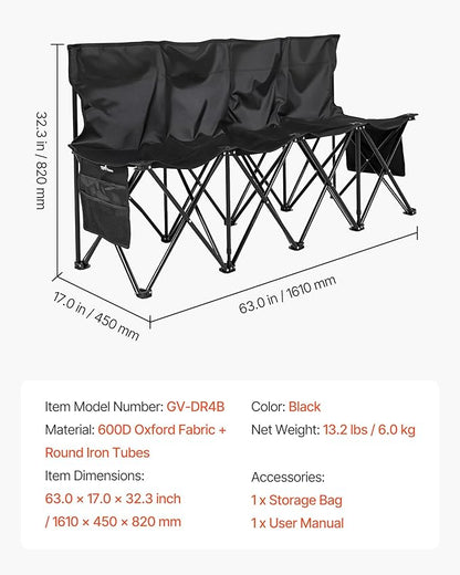 VEVOR Portable Folding Bench, 4 Seat Foldable Soccer Bench with Side Pockets and Carrying Bag, Lightweight Sideline Seating with Back Rest for Football, Baseball, Camping, Outdoor Events, Black