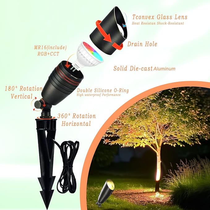Outdoor Spotlights, 12V RGB+CCT Color Changing with Remote, Die-Cast Aluminum