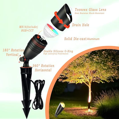 Outdoor Spotlights, 12V RGB+CCT Color Changing with Remote, Die-Cast Aluminum