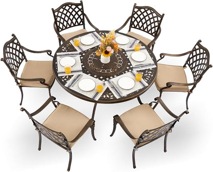 7-Piece Cast Aluminum Patio Furniture, Outdoor Dining Sets for 6 Include 54" Round Patio Dining Table and 6 Stackable Chairs with Cushions & Umbrella Hole (Bronze)