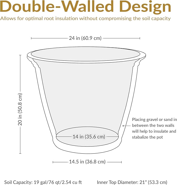Sunnydaze 24-Inch Anjelica Large Plastic Pot for Plants - Outdoor Double-Walled Large Plastic Planter with Drillable Drainage Holes - Slate