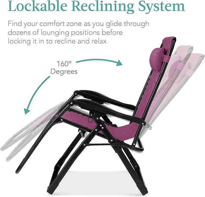 Recliner Chair, Extra-Wide Folding Zero Gravity Patio Lounger, Purple