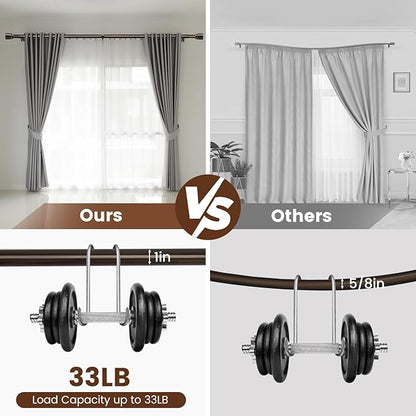 1” Diameter brown curtain rod Itself is 30 to 90 inch. 1 Pack Fits 30-84 inch Windows with Heavy Duty Adjustable brown curtain rods Splicing Metal Extra Long Curtain Rod