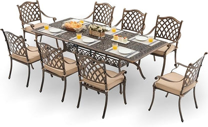 9-Piece Cast Aluminum Patio Furniture, Outdoor Dining Sets for 8 Include 87" Rectangular Patio Dining Table and 8 Stackable Chairs with Cushions & Umbrella Hole (Bronze)