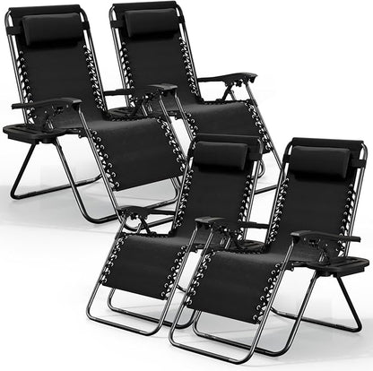 Nestl Zero Gravity Chairs Set of 4, Patio Lounge Chair Outdoor with Pillows & Cup Holder Trays, Adjustable Steel Mesh Reclining Camping Chair, Folding Patio Lawn Chair for Deck, Beach, Yard - Black