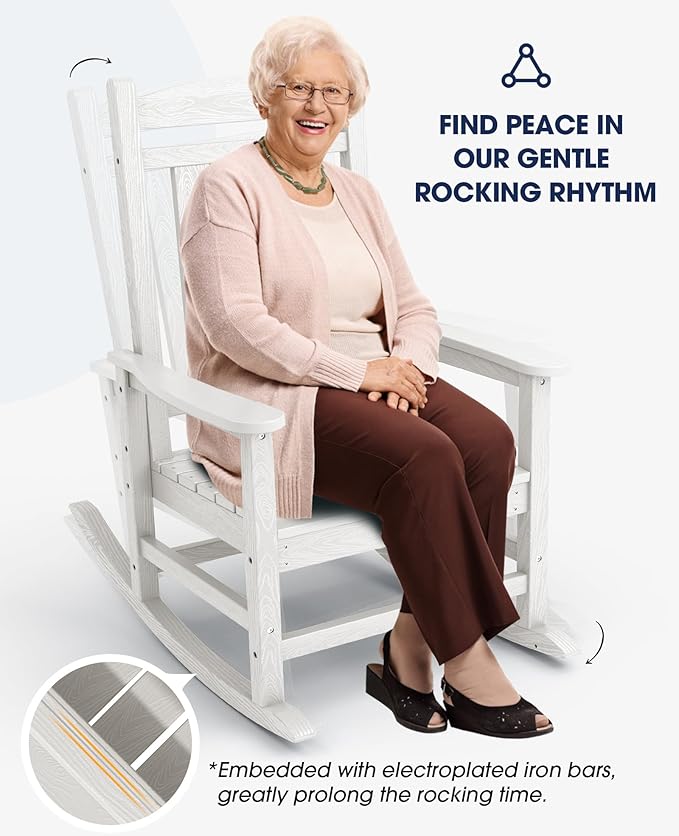 Oversized HDPE Outdoor Rocking Chair, Ivory White, 350 lb Capacity
