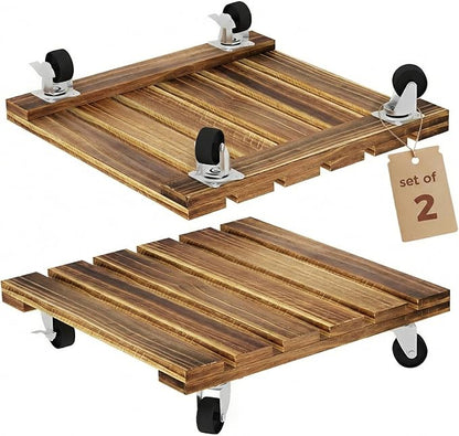 Bamworld Wood Plant Caddy with Wheels, 300lb Capacity, Heavy Duty Planter Stand with Wheels 12inch Plant Dolly 2 Pack Premium Quality, Ready to Use