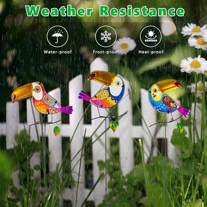 Decorative Garden Stakes,Set of 3 Toucan Stained Glass Metal Yard Art Outdoor,Waterproof Spring Garden Stakes Decorative for Lawn Patio Pathway