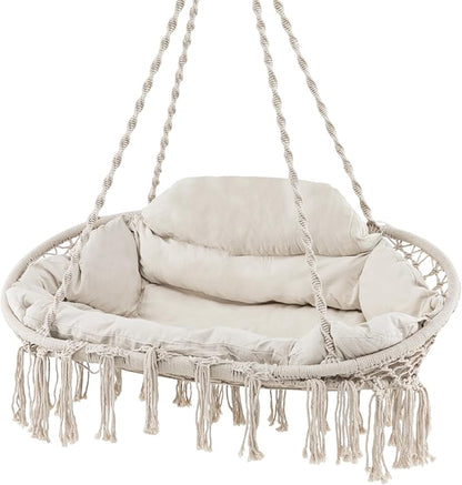 Tangkula 2-Person Hanging Hammock Chair, Boho Style Macrame Hammock Swing with Soft Cushions, Tassels, Indoor Outdoor Cotton Rope Hanging Swing Chair for Bedroom, Porch, Balcony