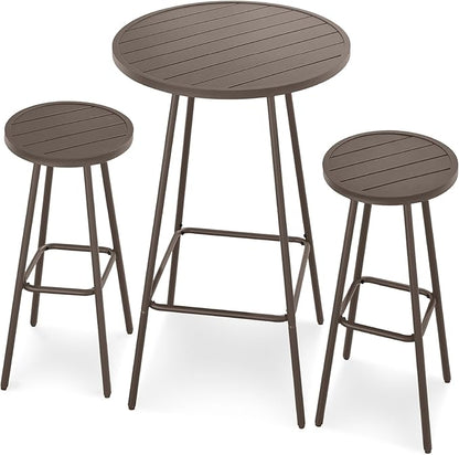 Best Choice Products 3-Piece Patio Dining Set, Bar Height, Outdoor Bistro Set, Outdoor Round Bar Table w/ 2 Bar Stools, Steel - Taupe