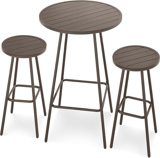 Best Choice Products 3-Piece Patio Dining Set, Bar Height, Outdoor Bistro Set, Outdoor Round Bar Table w/ 2 Bar Stools, Steel - Taupe