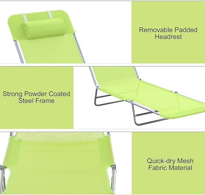 Outsunny Folding Chaise Lounge Pool Chairs, Outdoor Sun Tanning Chairs with Pillow, Reclining Back, Steel Frame & Breathable Mesh for Beach, Yard, Patio, Green