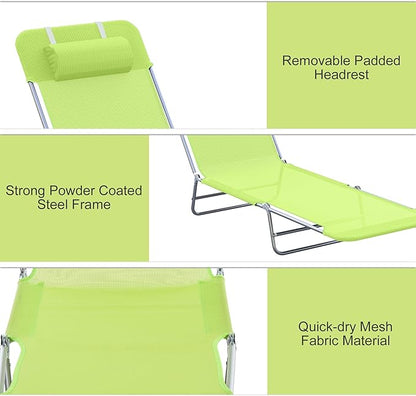 Outsunny Folding Chaise Lounge Pool Chairs, Outdoor Sun Tanning Chairs with Pillow, Reclining Back, Steel Frame & Breathable Mesh for Beach, Yard, Patio, Green