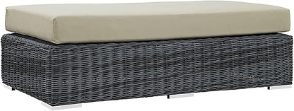 Modway Summon Wicker Rattan Outdoor Patio Sunbrella® Fabric Rectangle Ottoman in Canvas Antique Beige