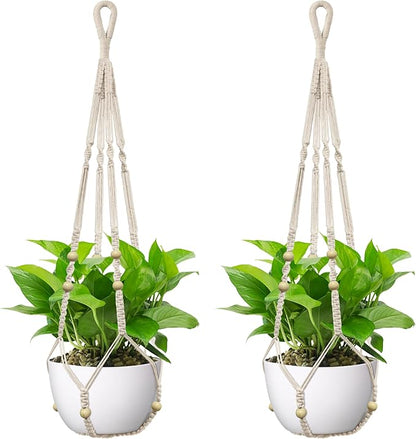 USLAI Macrame Plant Hanger Indoor Outdoor, Fits 4 to 15 Inch Pots, Strong Hanging Planter Holder, Boho Home Decor, 35 Inch, Ivory, Set of 2 (POTS NOT Included)