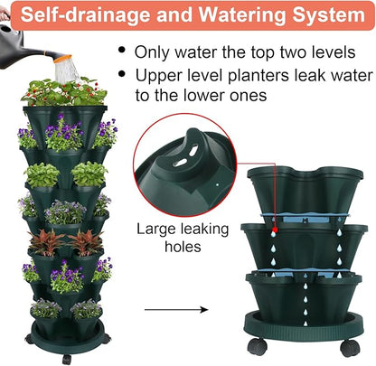 GameXcel Vertical Planter 7 Tier Stackable Planters Garden Planters Strawberry Herb Flower and Vegetable Planter Indoor Outdoor Gardening Pots with Removable Wheels and Tools - Green