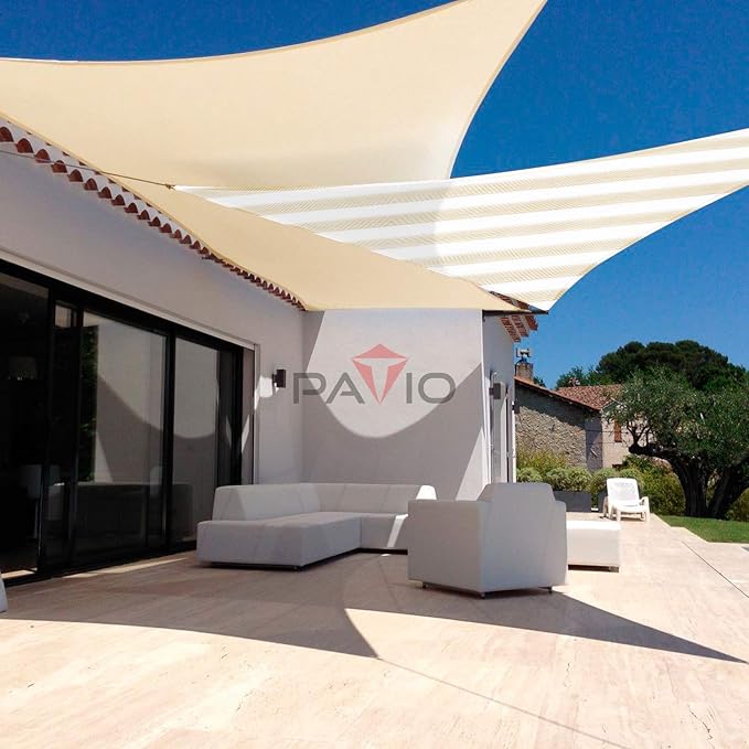 Patio Paradise 26' x 26' x 26' Sun Shade Sail Triangle Canopy Shade Cloth Fabric Sunlight Block Patio Pergola Cover HDPE Deck Awning for Outdoor Backyard Roof Shading, Beige White Strip