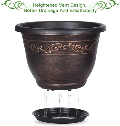 Plastic-Plant-Flower-Planters-8 Inch With Drainage Hole & Saucer, 6 Packs Lightweight Small Resin Flower Pot Indoor Outdoor, Retro Antique Imitation Decorative Garden Containers Sets For Houseplants