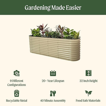 32" Extra Tall Raised Garden Bed Kits, 2 x 8 x 2.7ft Raised Planter Box Outdoor, 3.5 x 6.5 x 2.7ft Deep Root 9 in 1 Modular Metal Raised Beds for Gardening Vegetables Flowers Fruits - Sunlit Oak