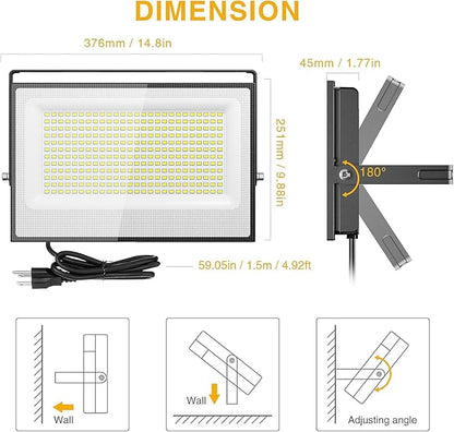 Onforu 300W Flood Lights Outdoor,30000lm Bright LED Work Light with Plug,6500K Daylight White LED Stadium Lighrs,IP66 Waterproof Security Yard Lights for Yard Garage Stadium 2 Pack