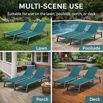 Kozyard 2-Pack Outdoor Lounge Chairs, Foldable Aluminum Frame Patio Chaise Lounge with 5-Position Adjustable Backrest, No Assembly, Breathable Textilene Fabric for Poolside Beach (MintGreen, Notable)