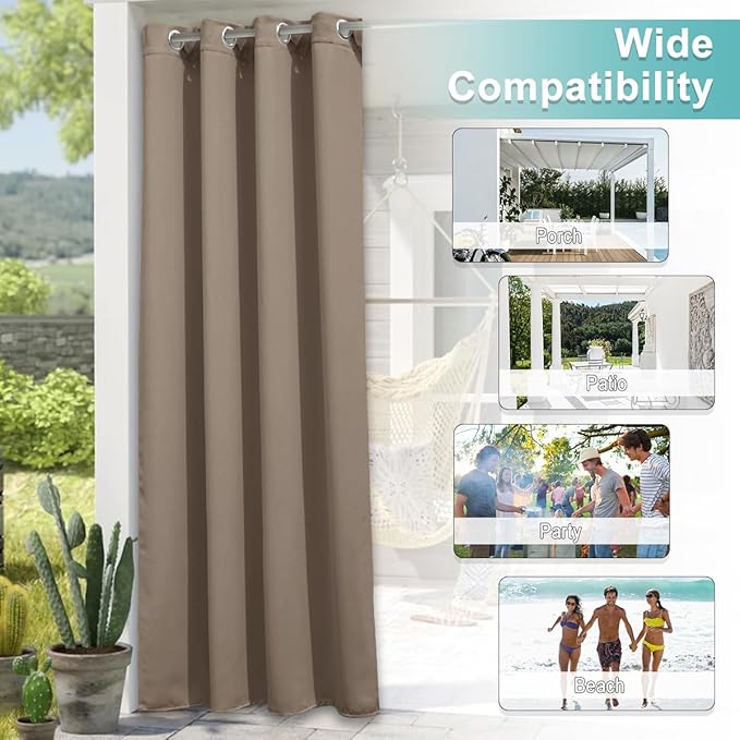 NICETOWN Morandi Brown Outdoor Curtains for Patio Waterproof 84 inch Long, 2 PCs Stainless Grommet Thermal Insulated Sun Blocking Outdoor Drape for Gazebo, UV Protection Outside Privacy Shade