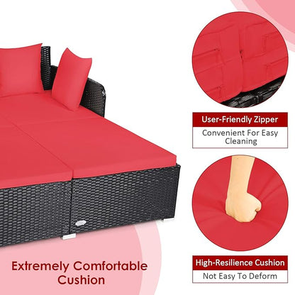 COSTWAY Outdoor Patio Rattan Daybed, Sponge Cushioned Loveseat Sofa with 4 Pillows, Wicker Furniture Sunbed for Balcony, Courtyard (Red)