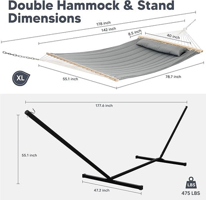 SUNCREAT Double Hammock with 15 ft Stand, Outdoor Hammock with Stand, Balance Straps, Light Gray