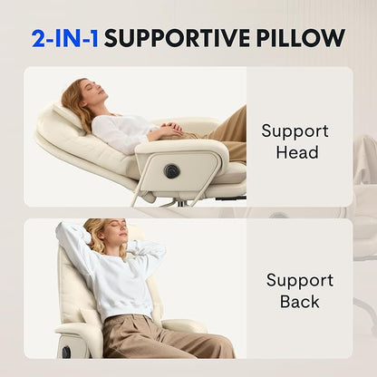 FLEXISPOT Luno 2-in-1 Chaise Lounge Chair Indoor with Wheels Footrest 90-165° Reclining Lumbar Support, Home Office Chairs for Living Room Bedroom Study Working Relaxing, Leather, Beige White