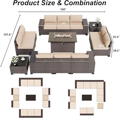 ALAULM 13 Pieces Patio Furniture Set with Propane Fire Pit Table Patio Sectional Sofa 43" Gas Fire Pit Brown PE Rattan Patio Conversation Set w/10 Seat Cushions-Sand