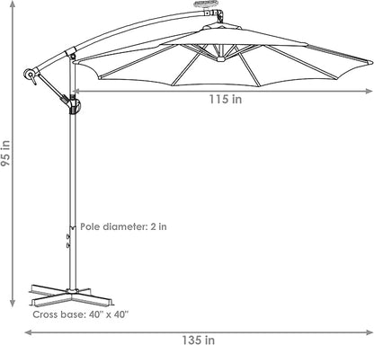 Sunnydaze 10' Solar Offset Patio Umbrella - Solar Cantilever Umbrella Outdoor with LED Lights - Polyester Shade, Air Vent, & Cross Base