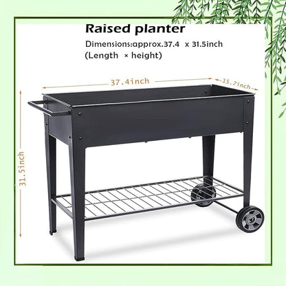 31.5" Tall Raised Garden Bed with Wheels, Extra 15.7" W Planter Box (400 lbs Loads) with Storage Shelf & Handle,Heavy Duty Metal Garden Planter for Vegetables, Herbs & Flowers, Patio & Balcony