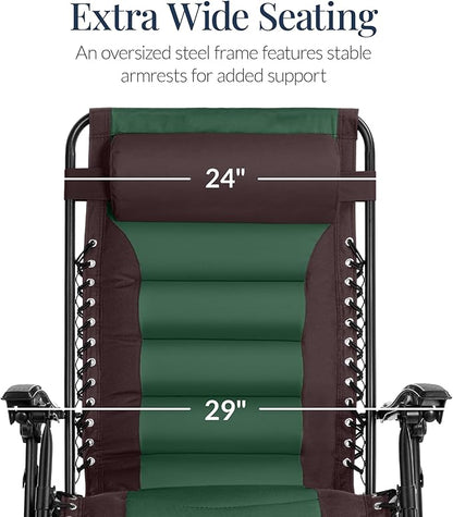Best Choice Products Oversized Padded Zero Gravity Chair, Folding Outdoor Patio Recliner, XL Anti Gravity Lounger for Backyard w/Headrest, Cup Holder, Side Tray, Polyester Mesh - Espresso/Green