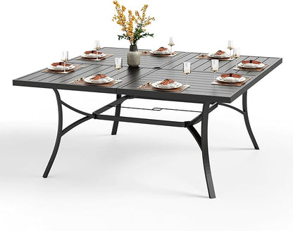 PHI VILLA Large Outdoor Square Dining Table for 8, 60" Metal Steel Slat Table with Umbrella Hole, Weather-Resistant Dining Fruniture for Patio, Deck, Backyard, Porch - Black